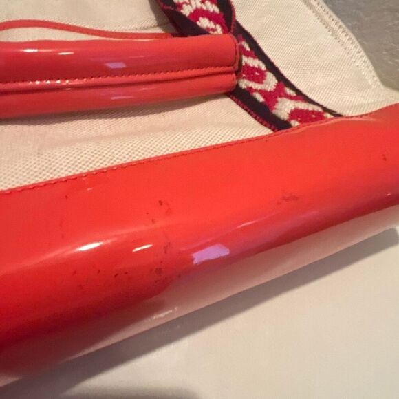 Tory Burch Canvas Tote Bag Neutral Blue Red Boho Strap Coastal Beach Vacation - Picture 12 of 12